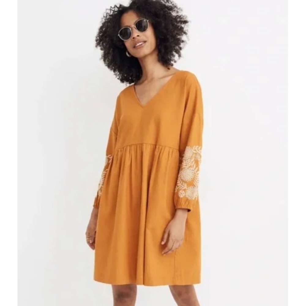 Madewell Mustard Yellow Embroidered-Sleeve Midi Dress